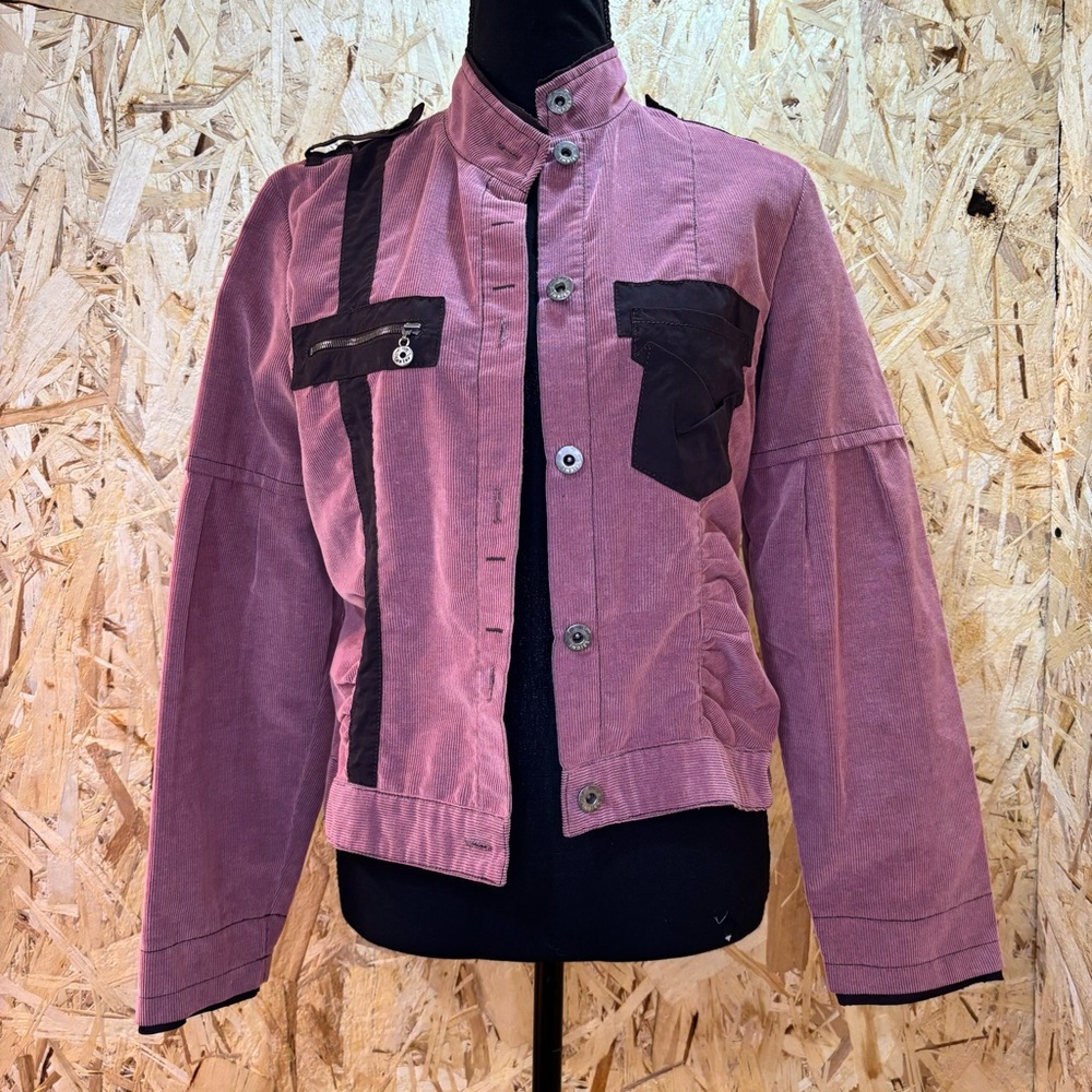 Vintage Pink Corduroy Utility Jacket Cropped Military Style Contrast Pockets